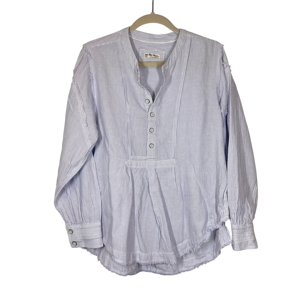 We The Free Blouse Small Blue Striped Long Sleeve Frayed Hem Button Down Boho